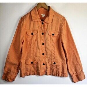 J Jill Jacket Womens Medium Orange Linen Utility Button Front Casual Lightweight